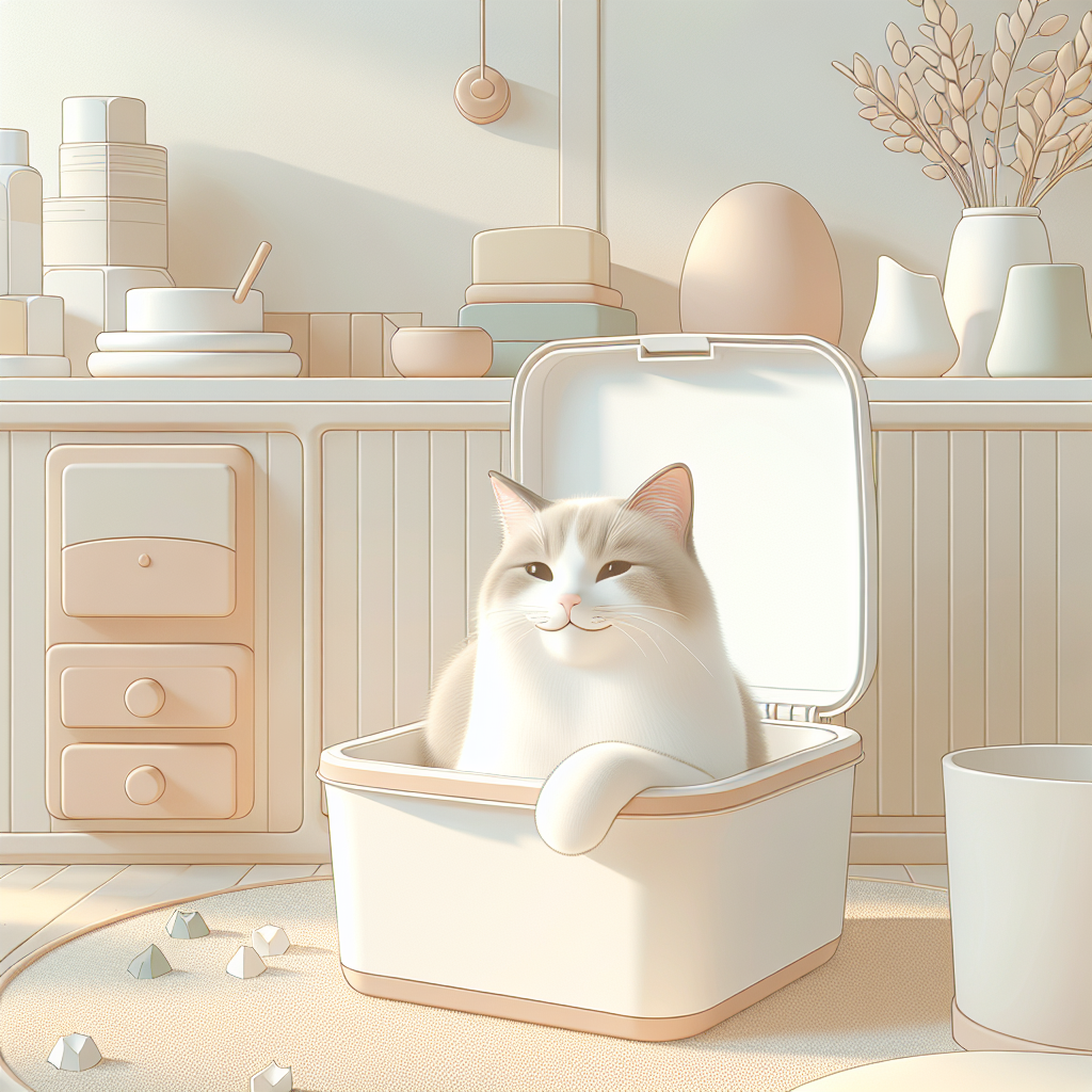 Chat tigré sortant d'une litière automatique moderne dans un intérieur contemporain et lumineux