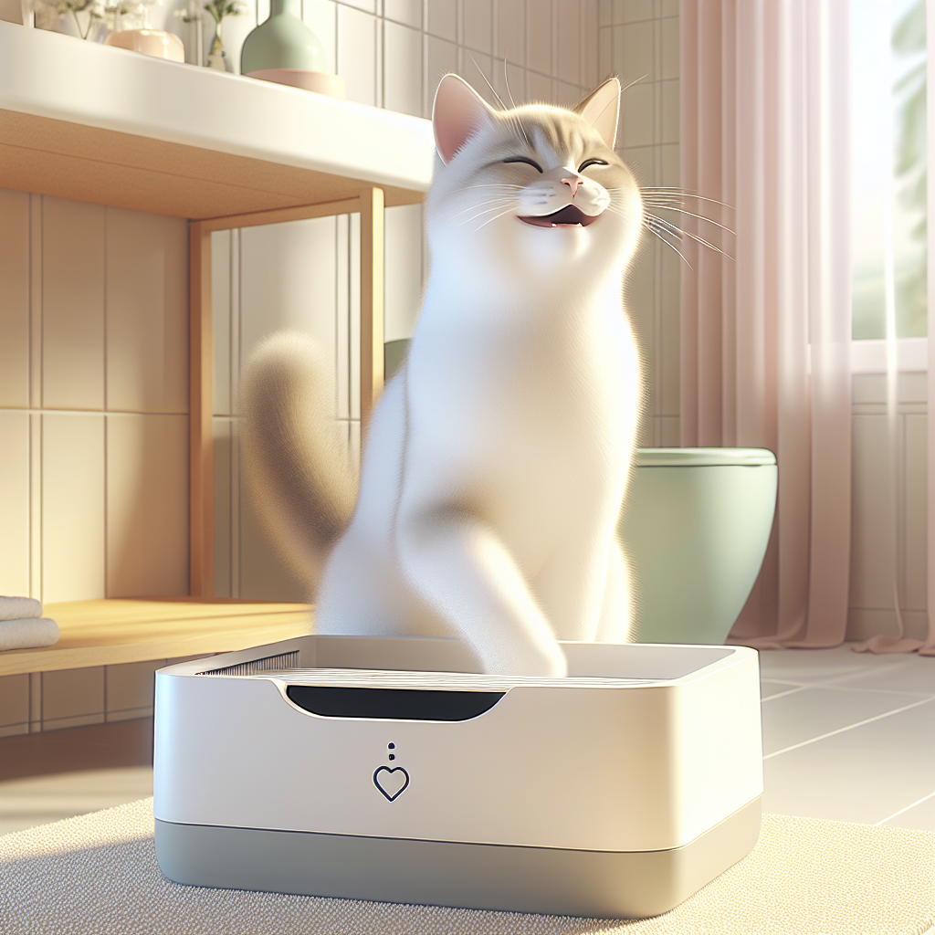 Chat utilisant une litière automatique moderne dans un intérieur contemporain et propre