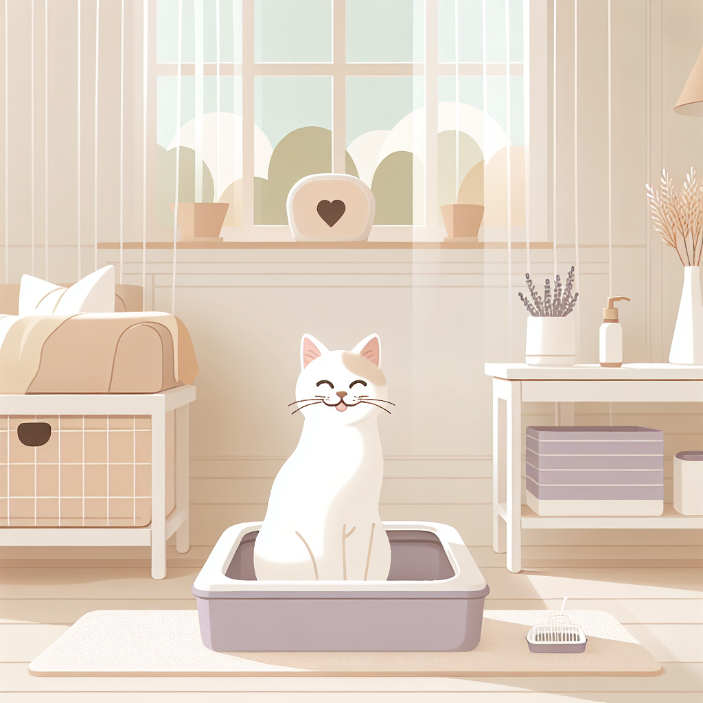 Chat curieux découvrant une litière automatique moderne dans un intérieur contemporain et lumineux