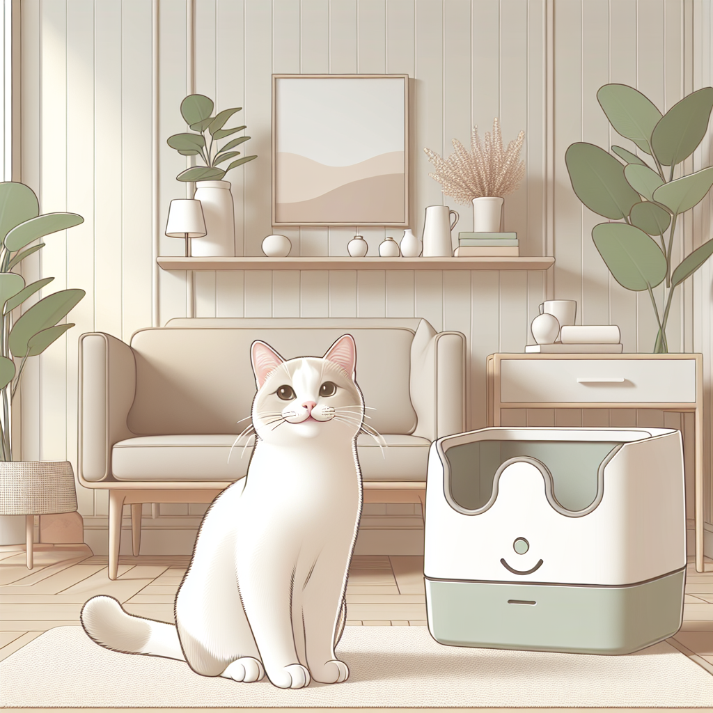 Chat tigré utilisant une litière automatique moderne dans un intérieur contemporain et lumineux