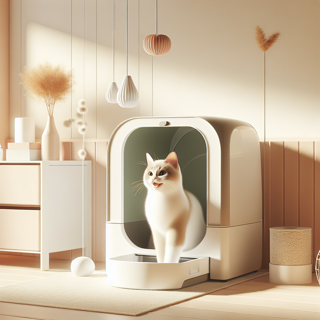 Chat utilisant une litière automatique moderne dans un intérieur contemporain avec tapis de protection