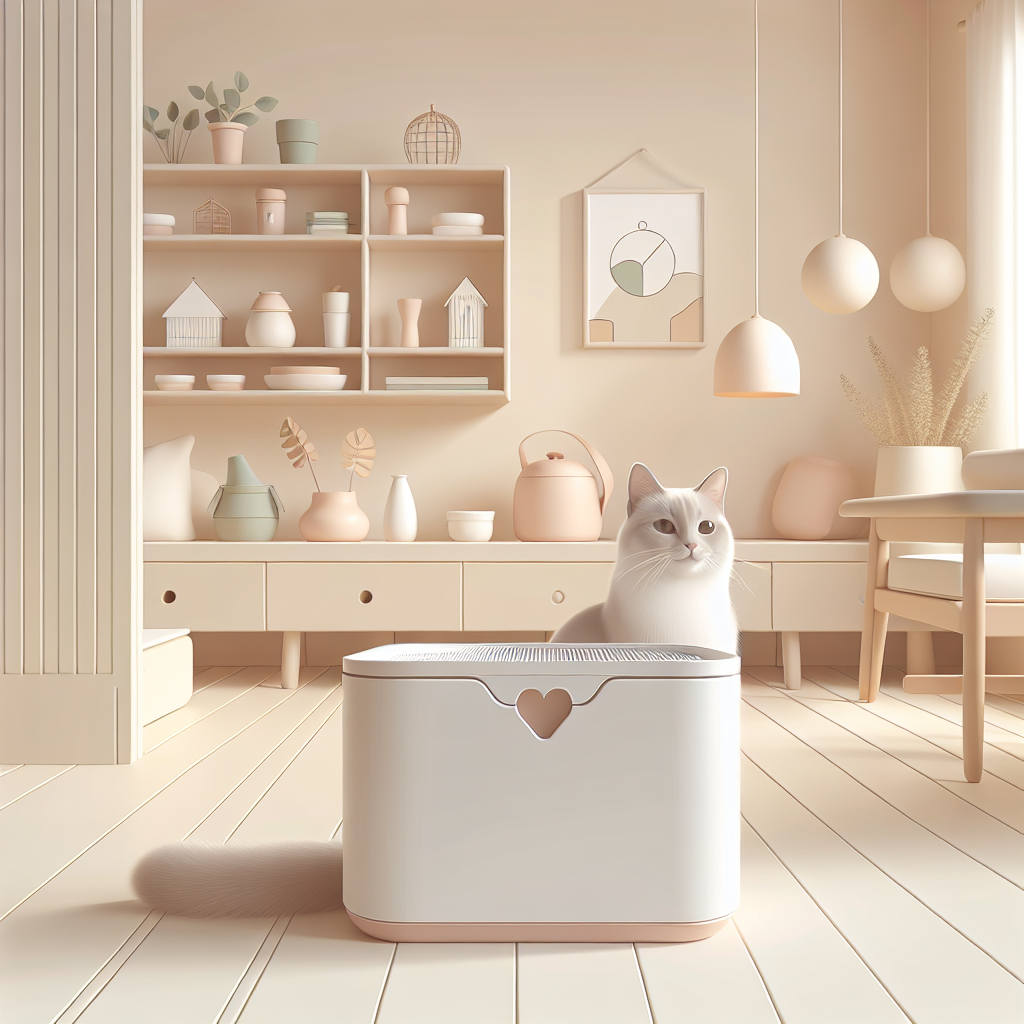 Chat tigré mangeant ses croquettes dans une gamelle moderne, avec un gobelet doseur à côté sur un plan de travail lumineux