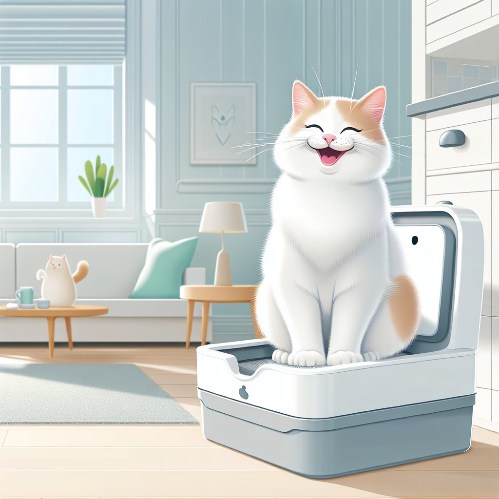 Chat tigré observant curieusement une litière automatique moderne dans un intérieur chaleureux