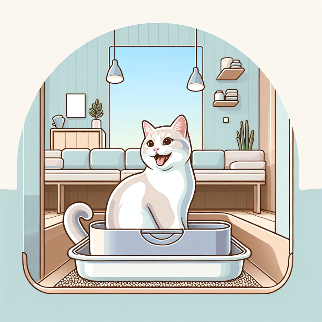 Chat tigré utilisant une litière automatique moderne dans un intérieur contemporain et lumineux