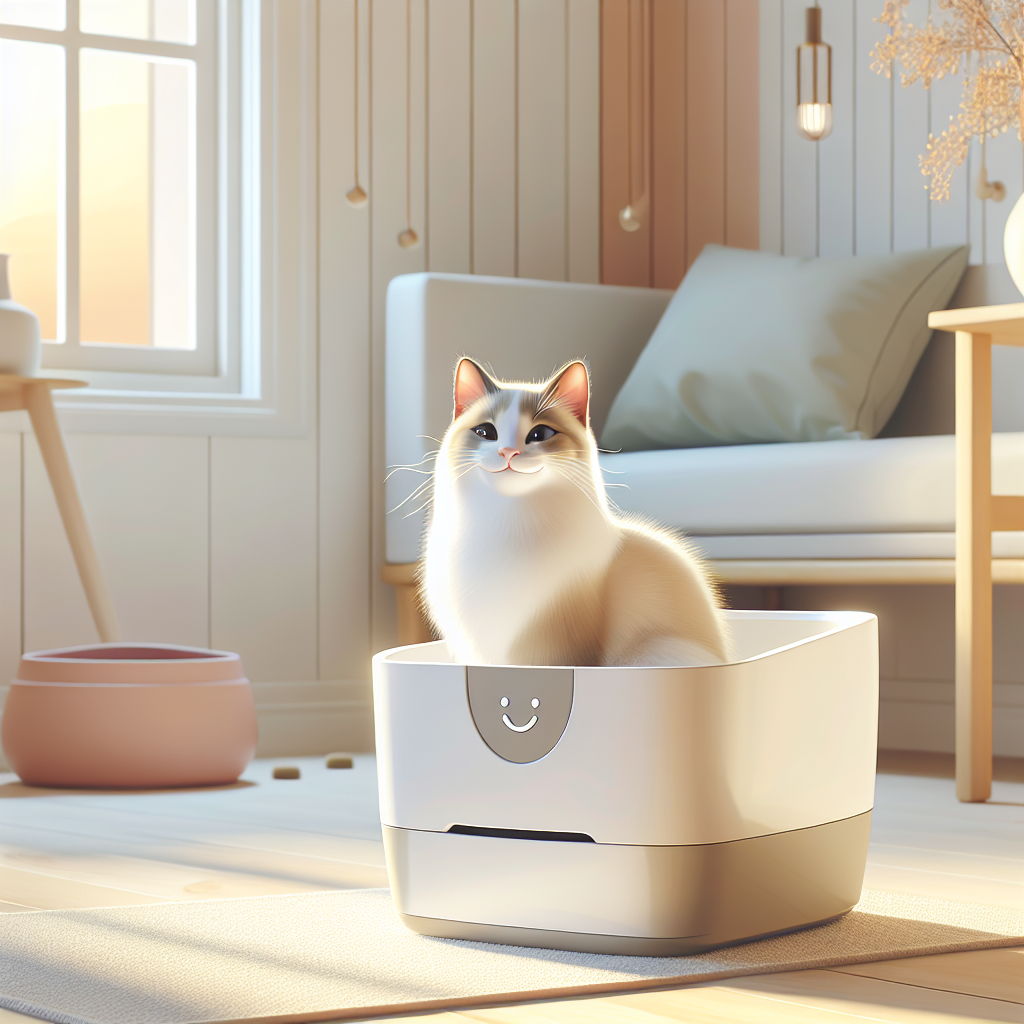 Chat tigré utilisant paisiblement sa litière automatique dans un intérieur moderne et lumineux