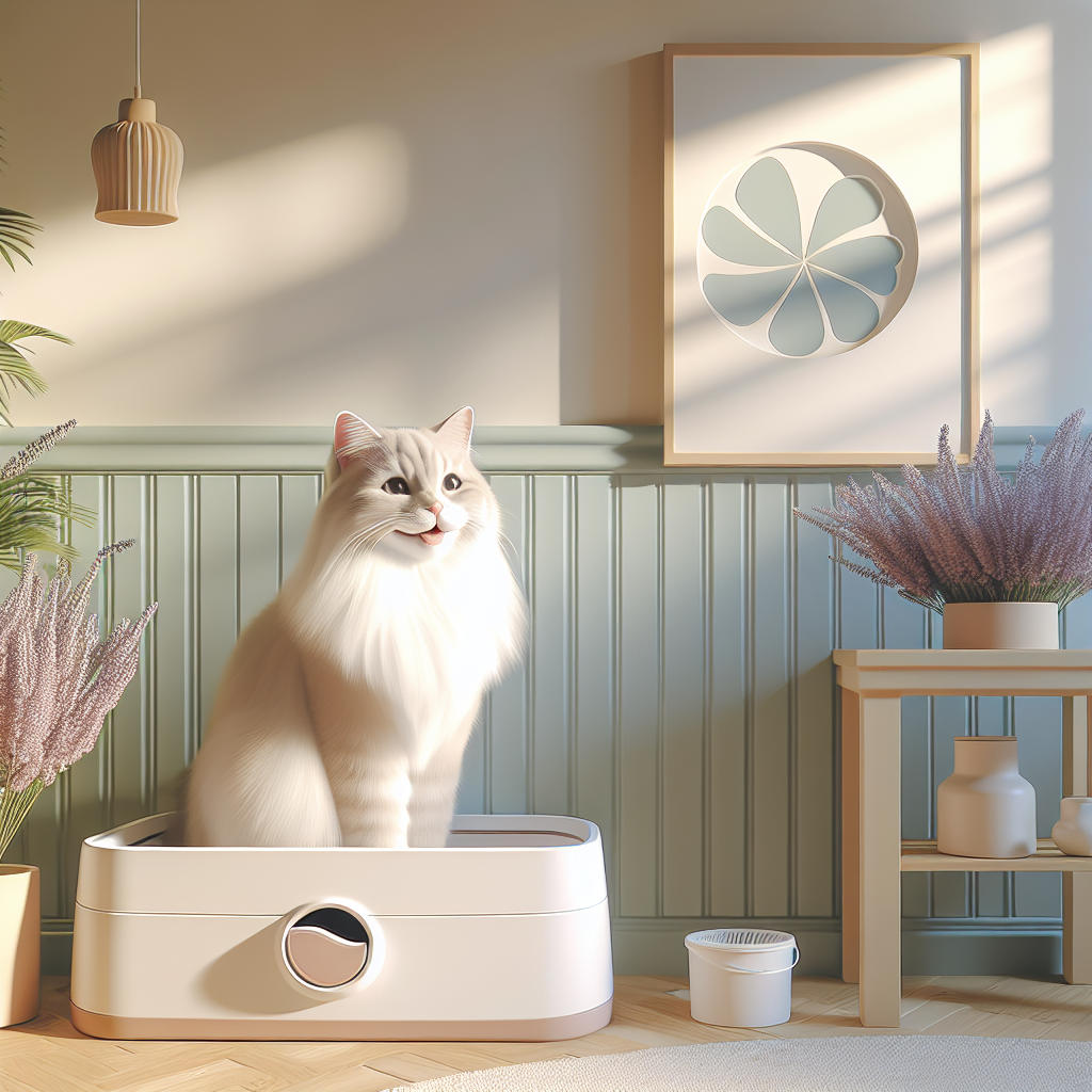 Chat tigré utilisant une litière automatique moderne Lala Home avec litière agglomérante de qualité dans un intérieur contemporain