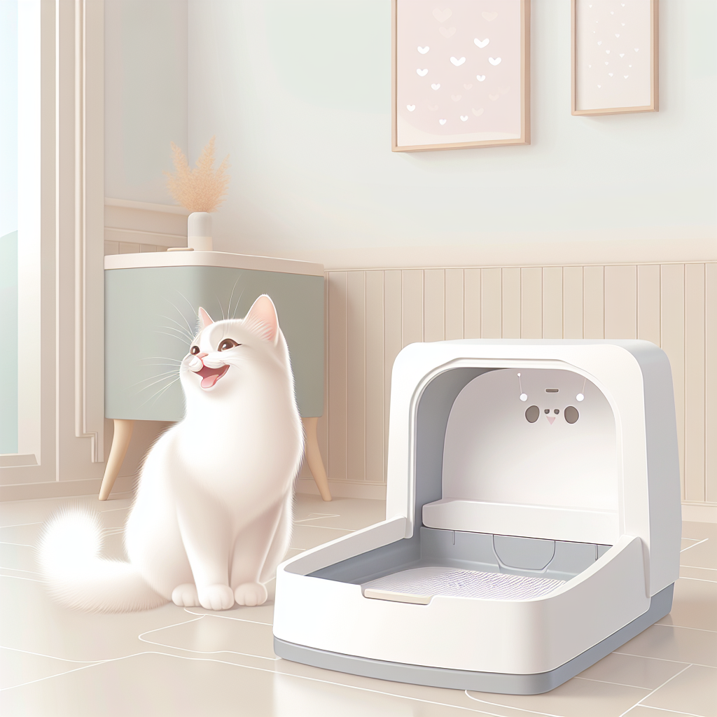 Chat tigré utilisant une litière automatique moderne avec litière végétale dans un intérieur contemporain et lumineux