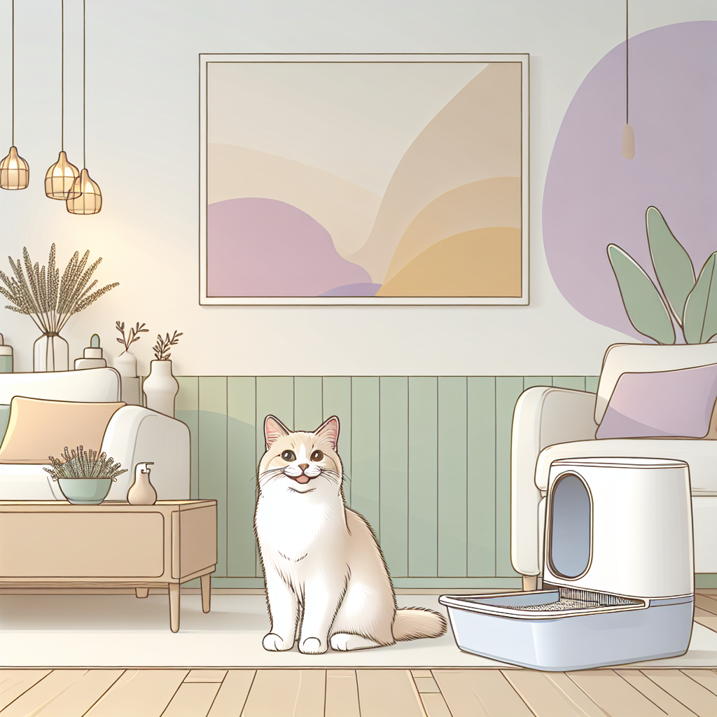 Chat tigré utilisant une litière automatique moderne dans un intérieur contemporain et propre