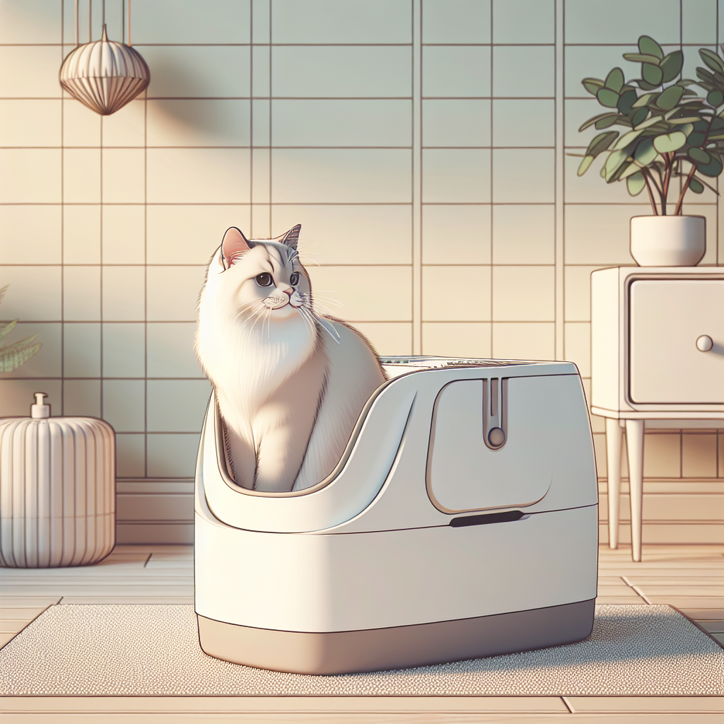 Chat tigré buvant de l'eau fraîche dans une gamelle en céramique, près d'une litière automatique moderne dans un intérieur lumineux