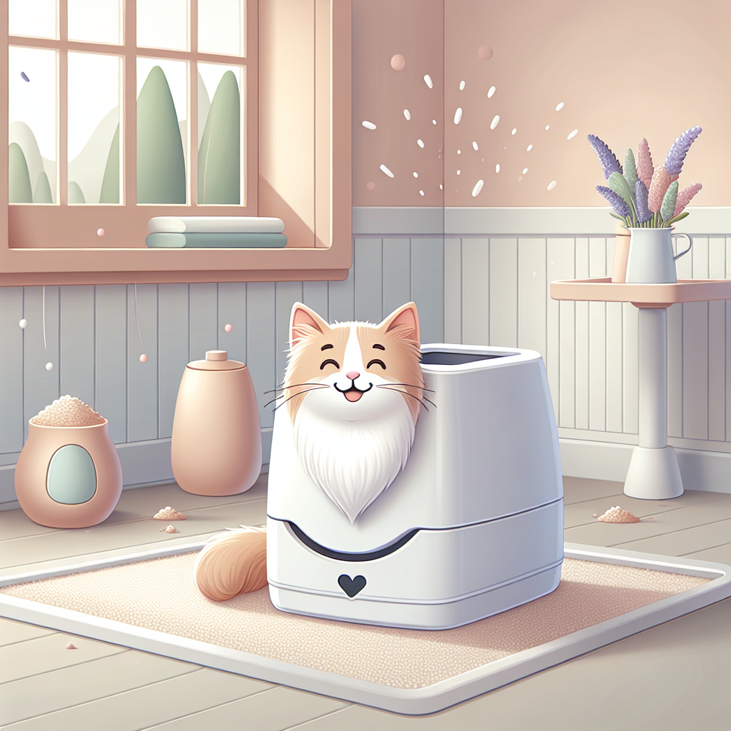 Chat tigré assis près d'une litière automatique moderne dans un intérieur contemporain et lumineux