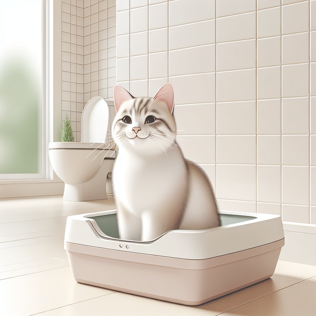 Chat gris utilisant une litière automatique moderne dans un intérieur propre et lumineux