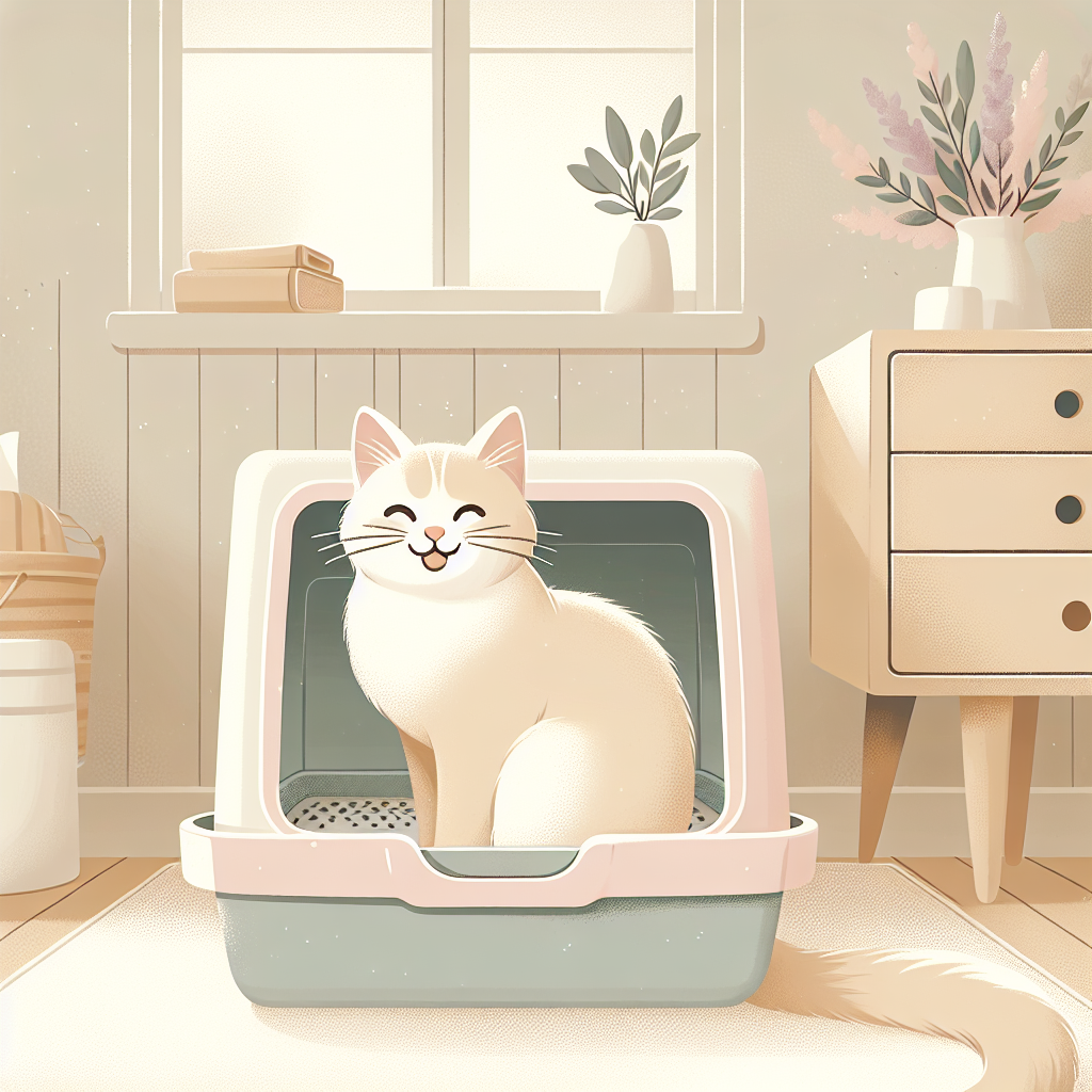 Chat tigré curieux explorant une litière automatique moderne dans un salon lumineux et chaleureux