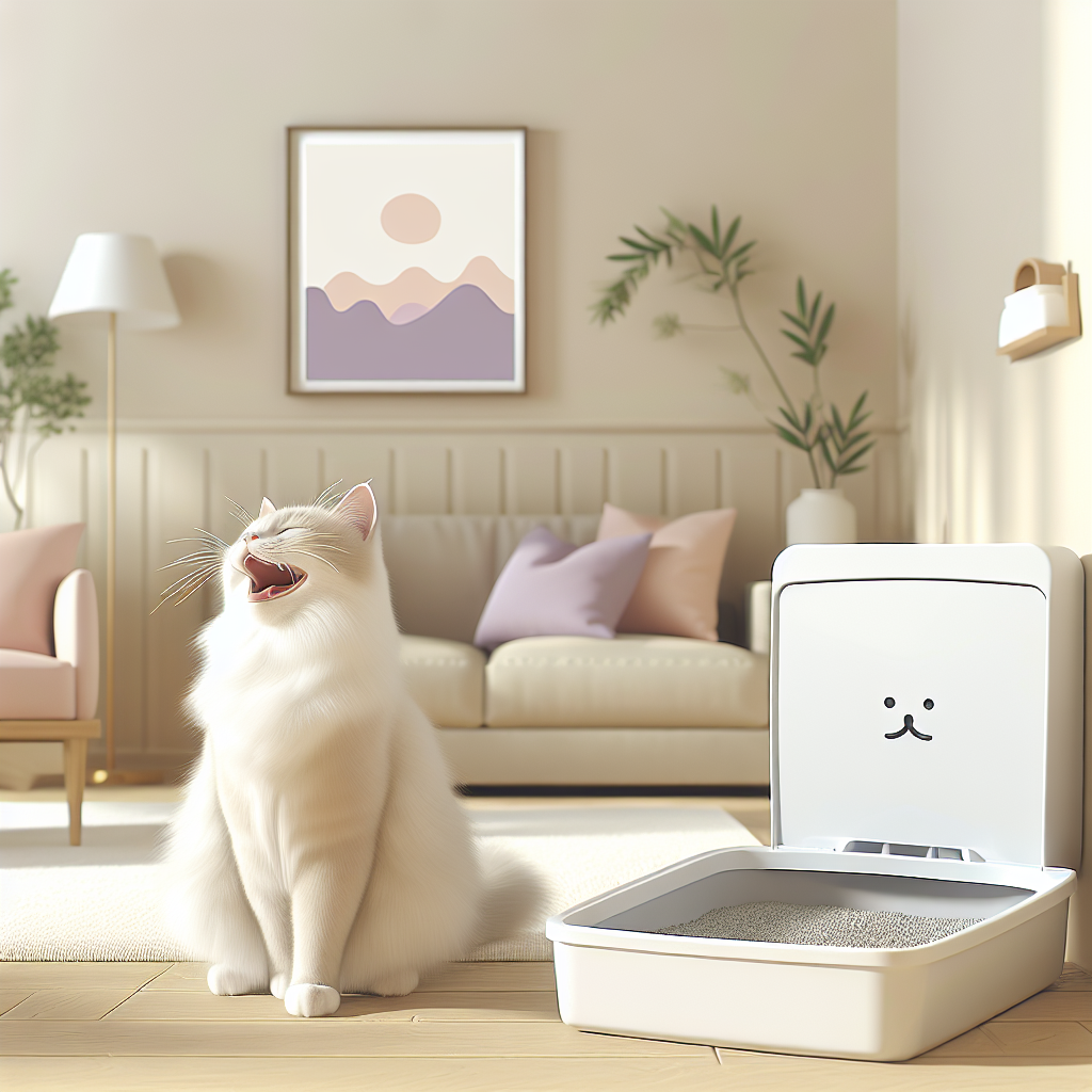 Propriétaire de chat utilisant une litière automatique Petkit Pura Max dans un intérieur moderne et épuré