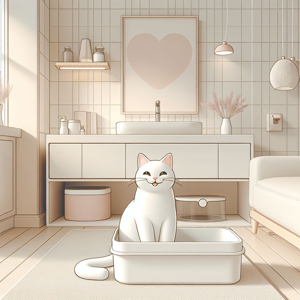 Chat tigré utilisant une litière automatique moderne avec sac de collecte pratique dans un intérieur contemporain