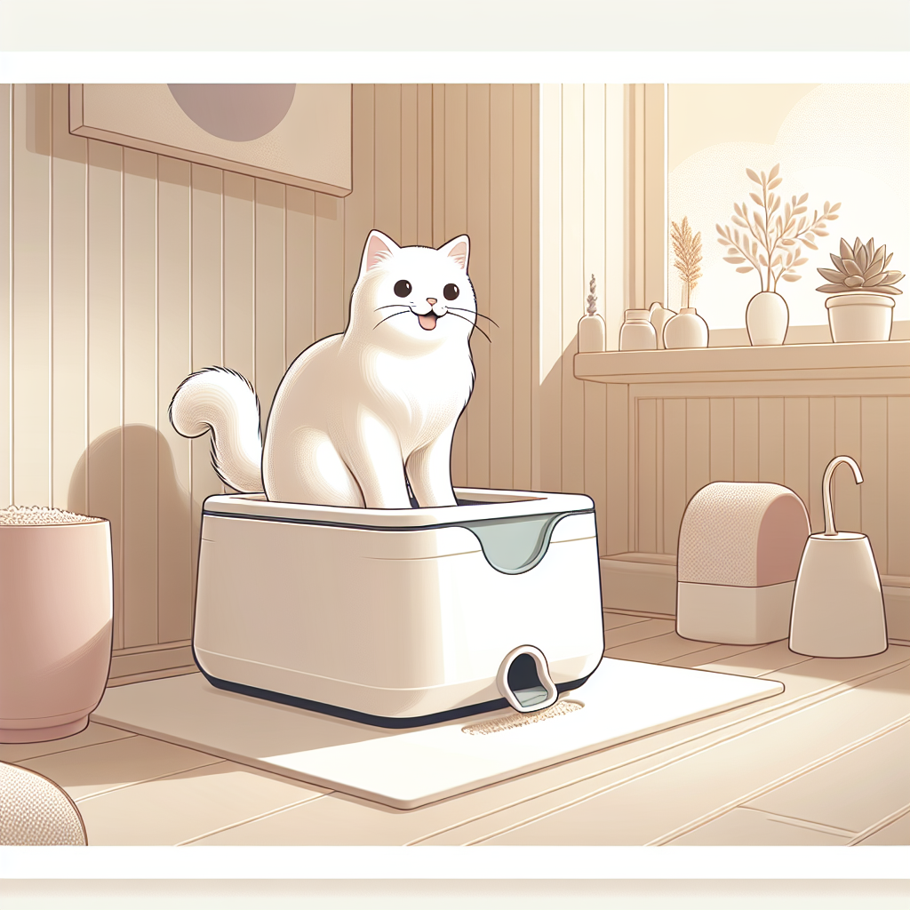 Chat tigré utilisant une litière automatique moderne dans un intérieur épuré, illustrant le confort et la propreté au quotidien