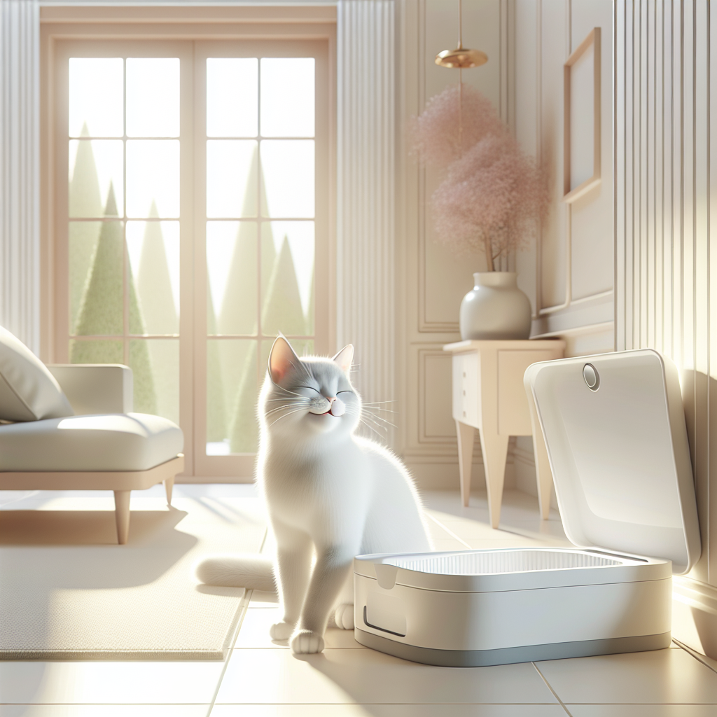 Chat tigré utilisant une litière automatique moderne dans un intérieur épuré et lumineux