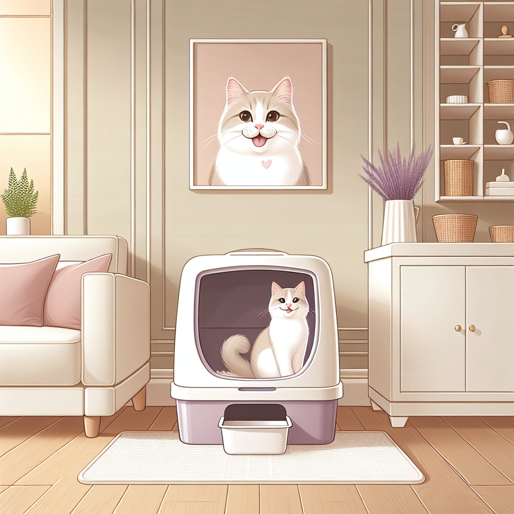 Chat tigré utilisant une litière automatique moderne dans un intérieur contemporain et propre