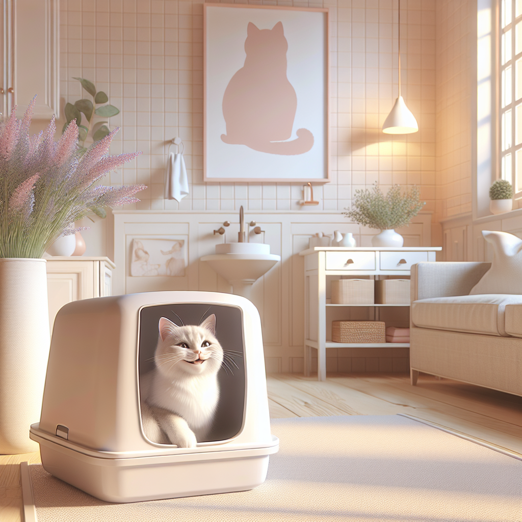 Chat tigré utilisant une litière automatique moderne dans un intérieur contemporain et propre