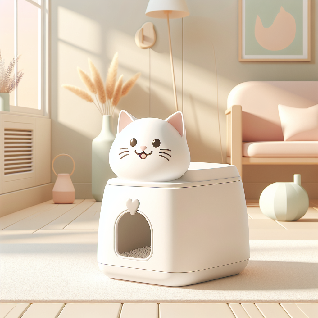 Chat tigré utilisant paisiblement une litière automatique moderne dans un intérieur lumineux et propre