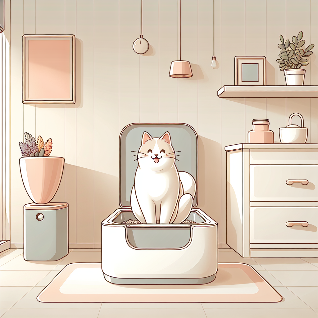 Chat tigré utilisant une litière automatique moderne dans un intérieur chaleureux et propre