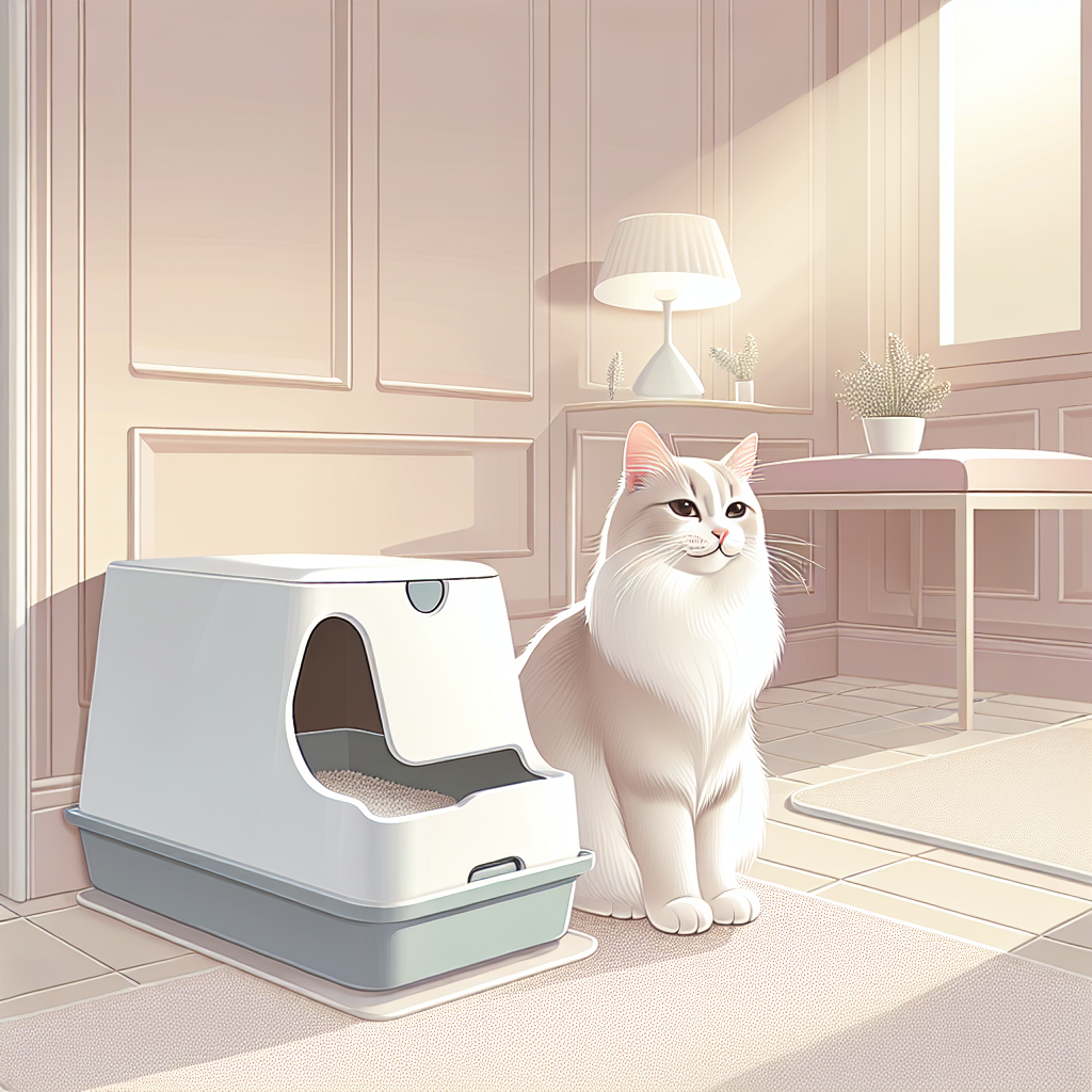 Chat stérilisé mangeant ses croquettes près d'une litière automatique moderne dans un intérieur épuré