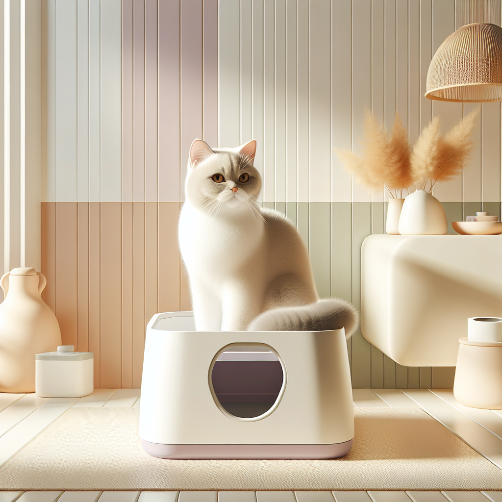 Chat tigré utilisant une litière automatique moderne dans un intérieur contemporain et lumineux