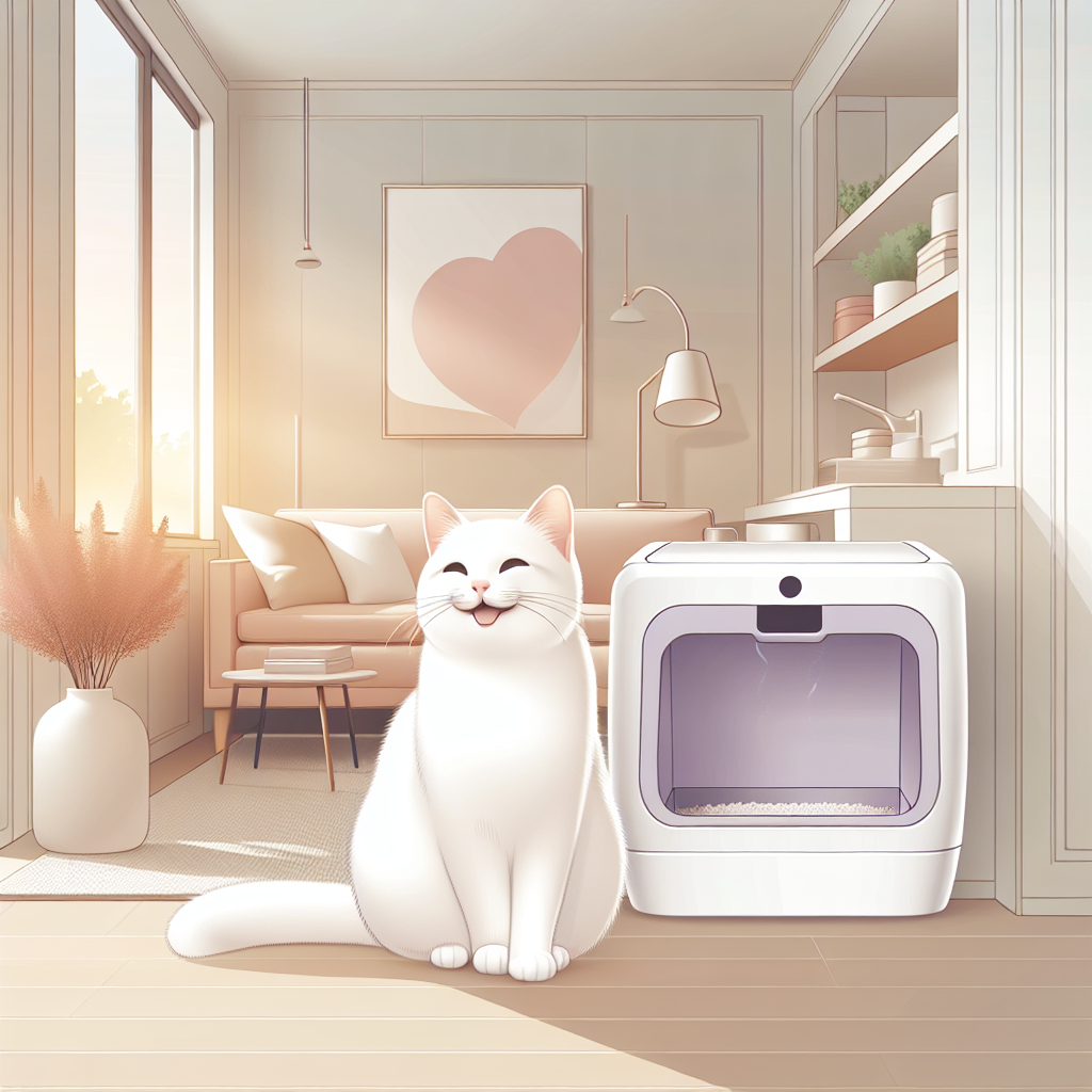 Chat curieux observant une litière automatique moderne dans un intérieur contemporain et lumineux