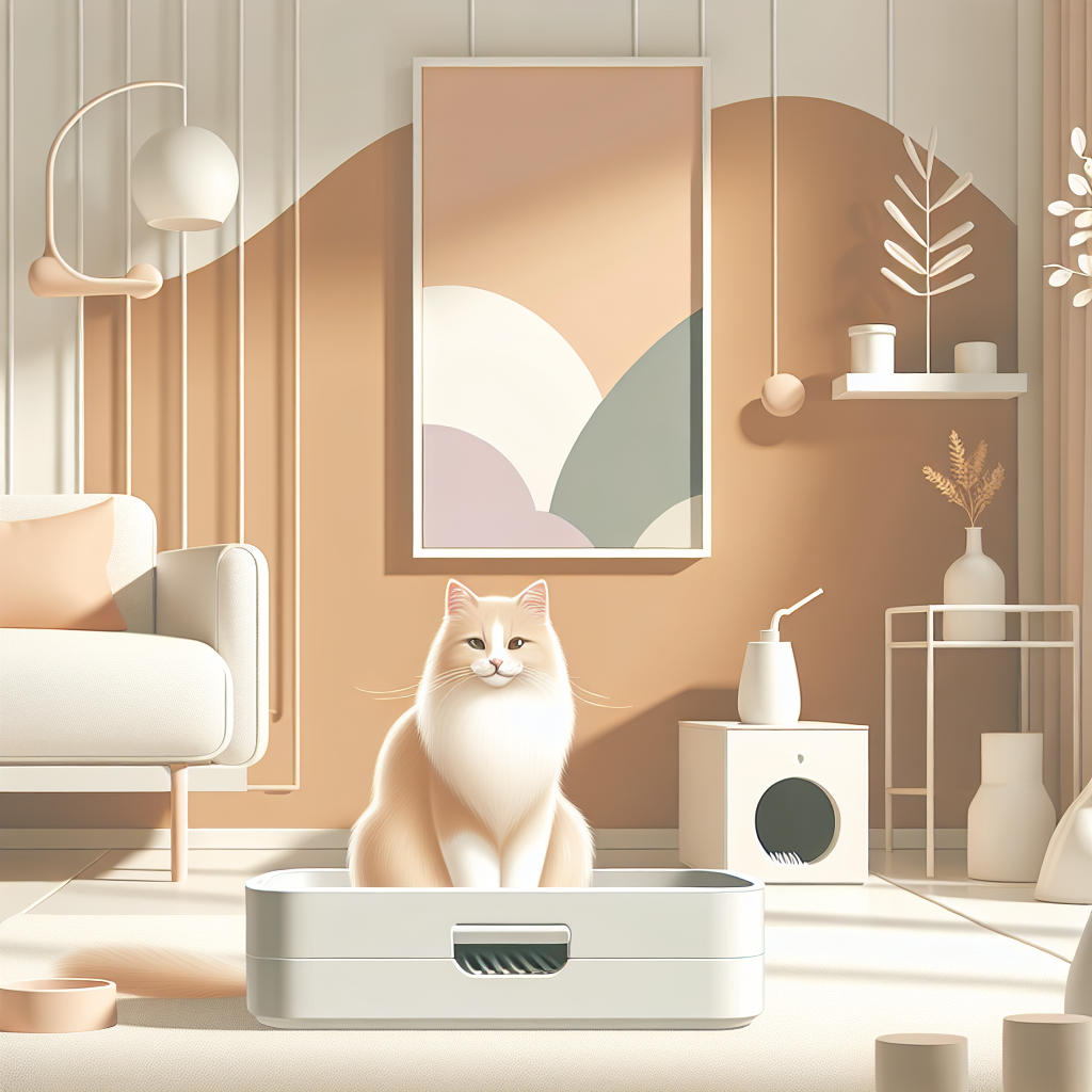 Chat gris utilisant une litière automatique moderne dans un intérieur contemporain
