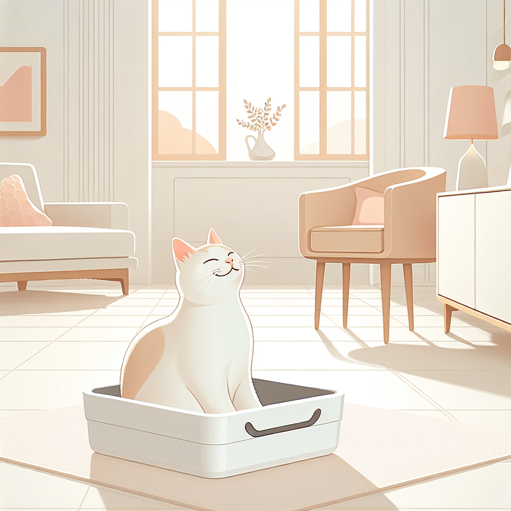 Chat curieux découvrant sa nouvelle litière automatique connectée dans un intérieur moderne et épuré