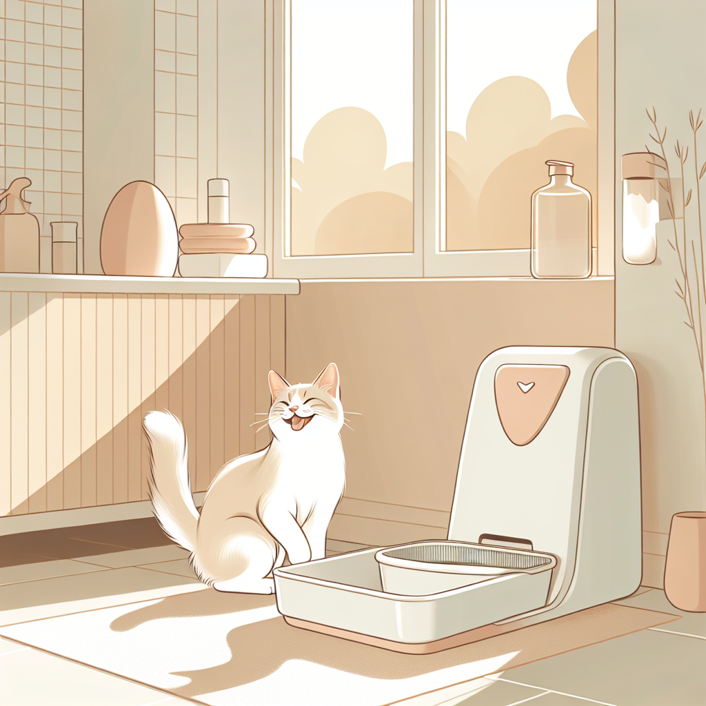 Chat utilisant une litière automatique moderne dans un intérieur contemporain et propre