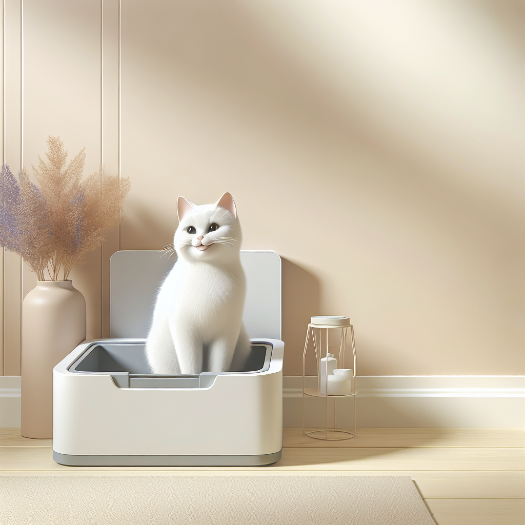 Chat tigré utilisant une litière automatique moderne dans un intérieur contemporain et lumineux