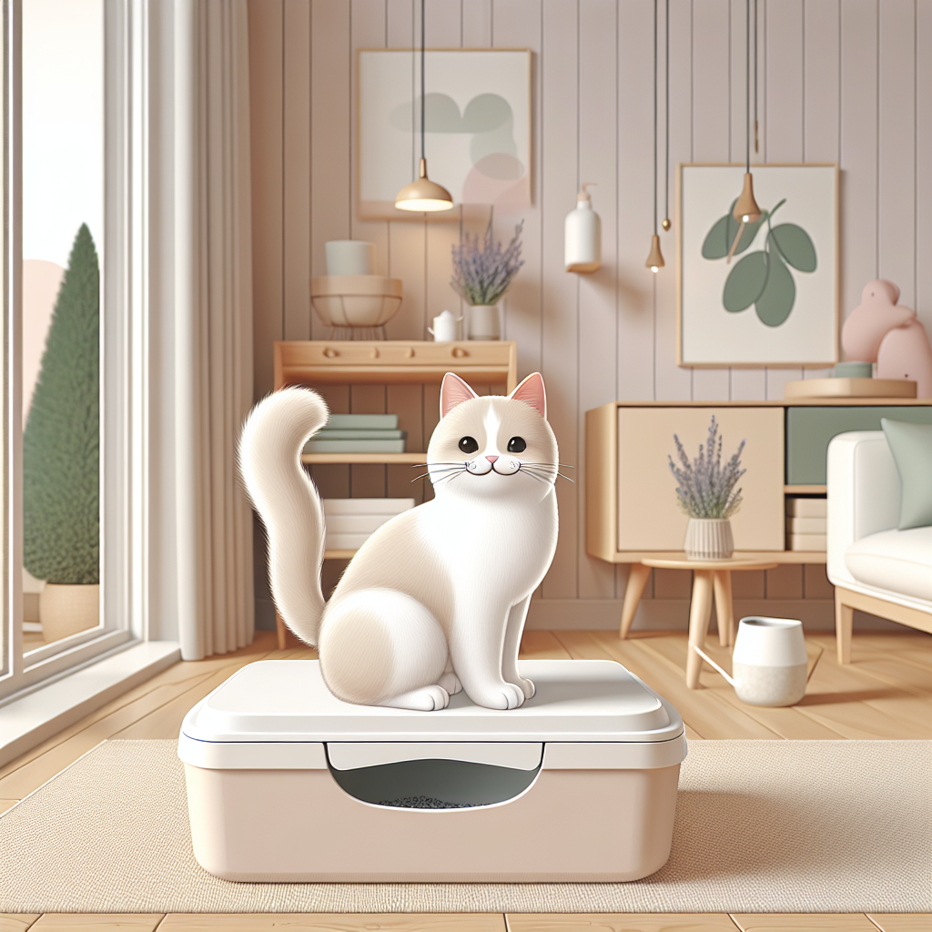 Chat tigré utilisant une litière automatique moderne dans un intérieur contemporain et propre