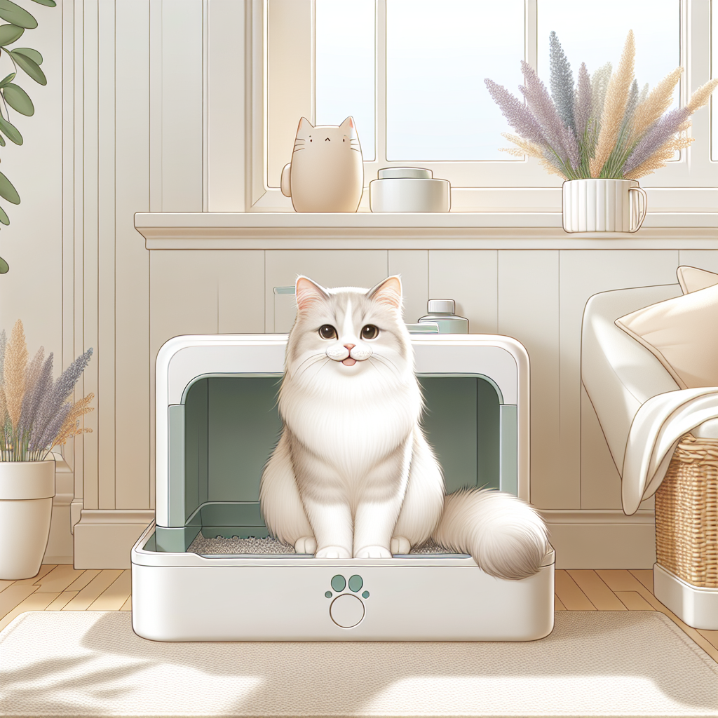 Chat tigré utilisant une litière automatique moderne dans un intérieur contemporain