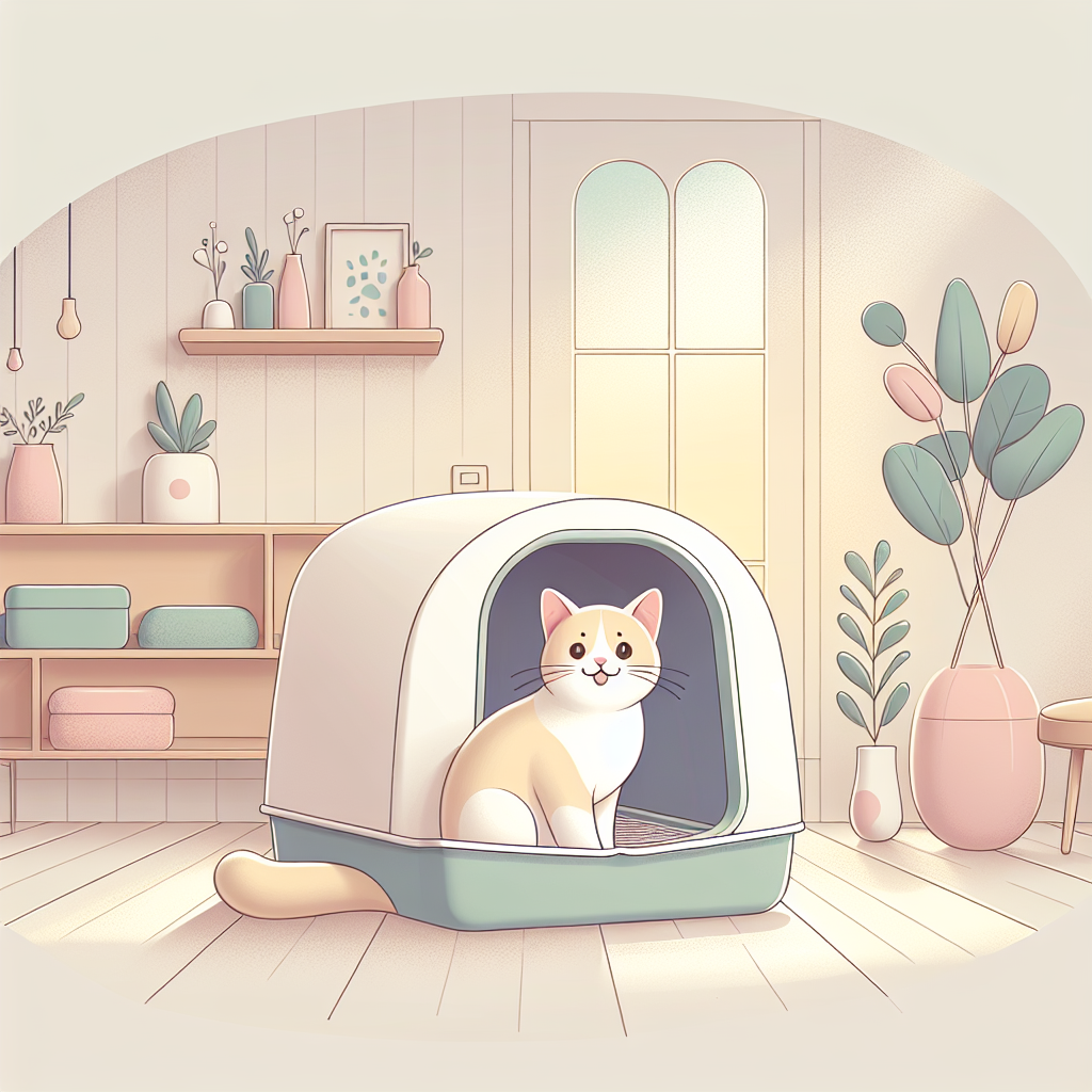 Chat utilisant une litière automatique moderne avec système de nettoyage végétal dans un intérieur contemporain