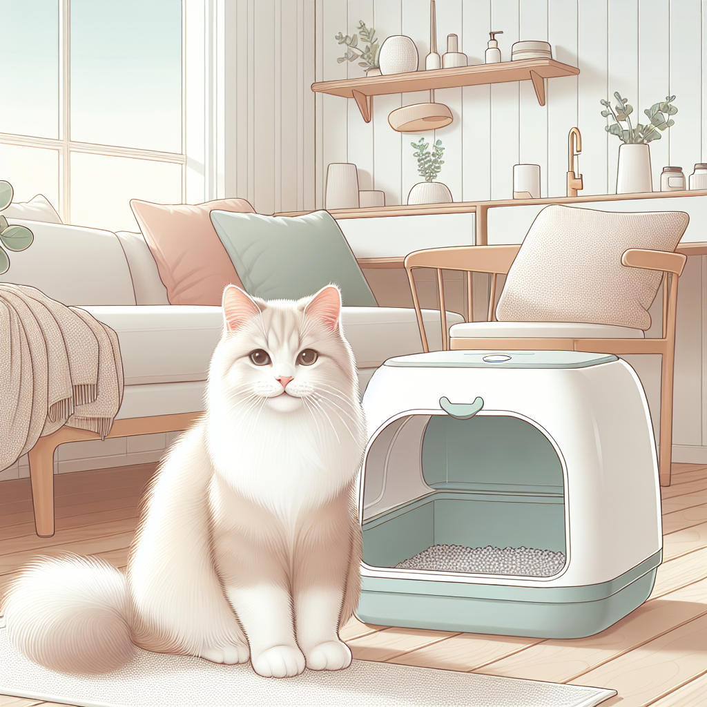 Chat européen utilisant une litière automatique moderne dans un intérieur contemporain et épuré