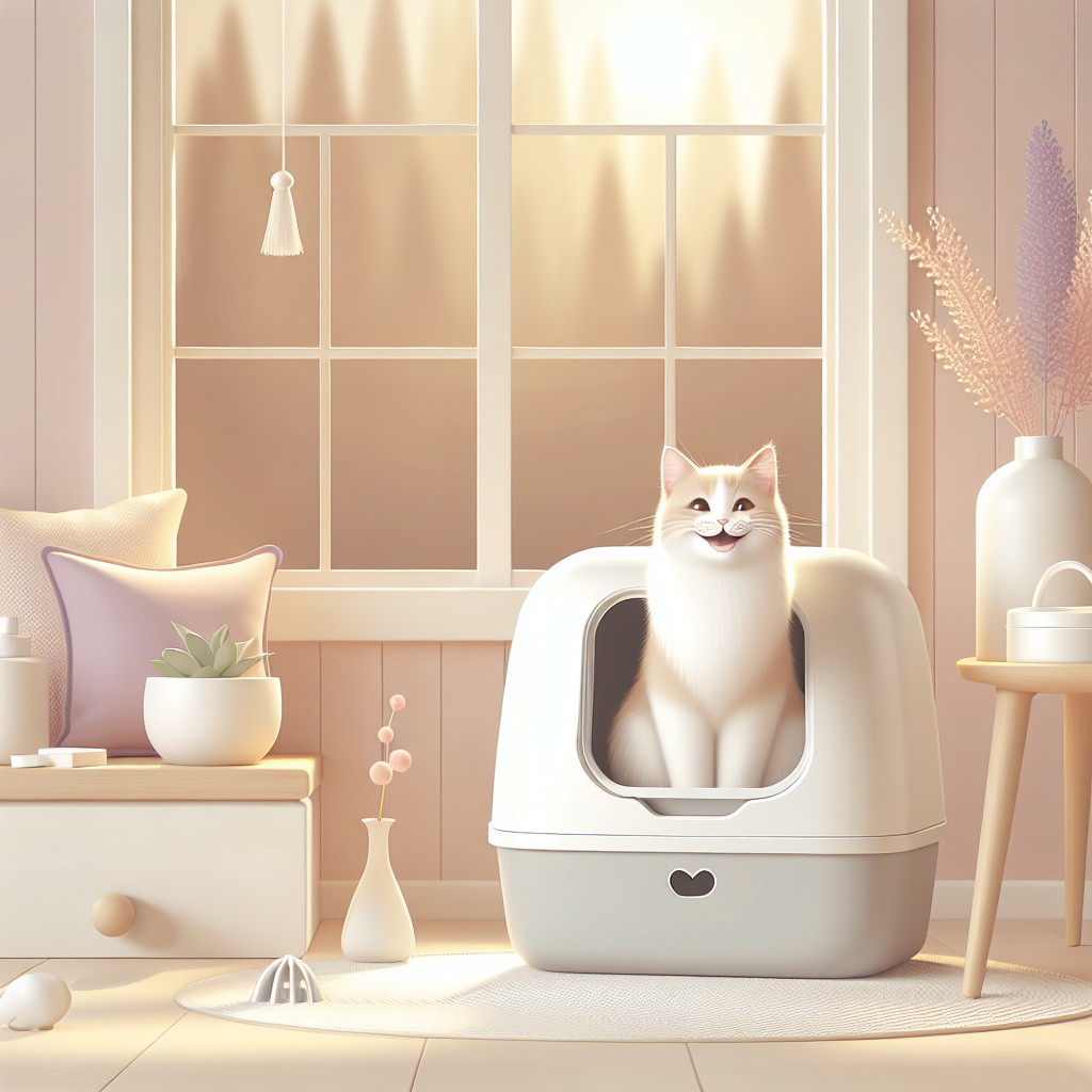 Chat tigré utilisant une litière automatique moderne dans un intérieur contemporain et lumineux