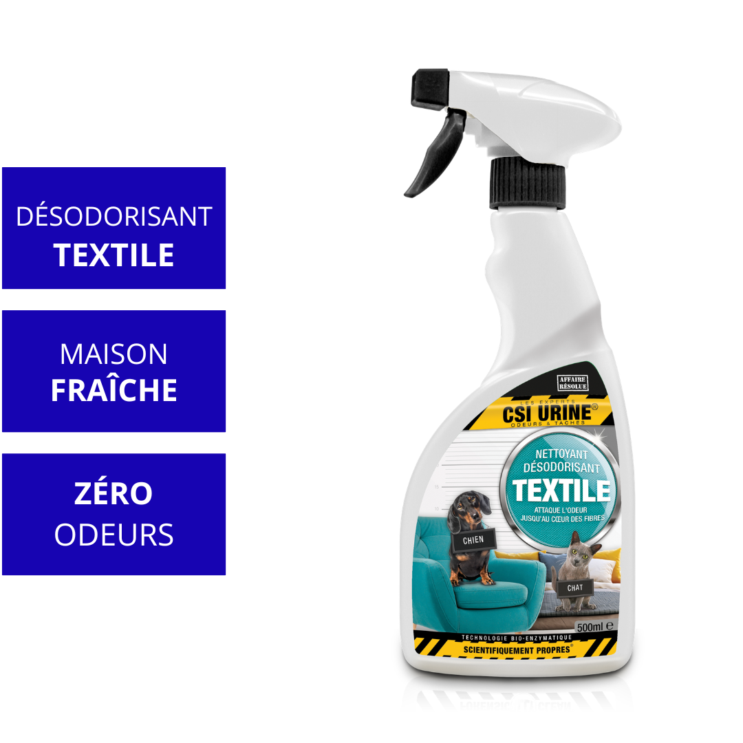 Désodorisant textile urine chat CSI Urine 500ml spray enzymatique matelas canapé rideaux non toxique biodégradable